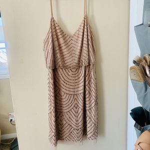 ADRIANNA PAPELL SEQUIN DRESS IN TAUPE PINK
